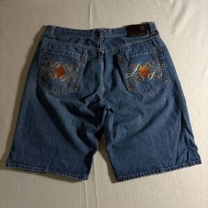 Phat Farm Mens Baggy Denim Shorts Blue Embroidered Size 40 Y2K HipHop Streetwear